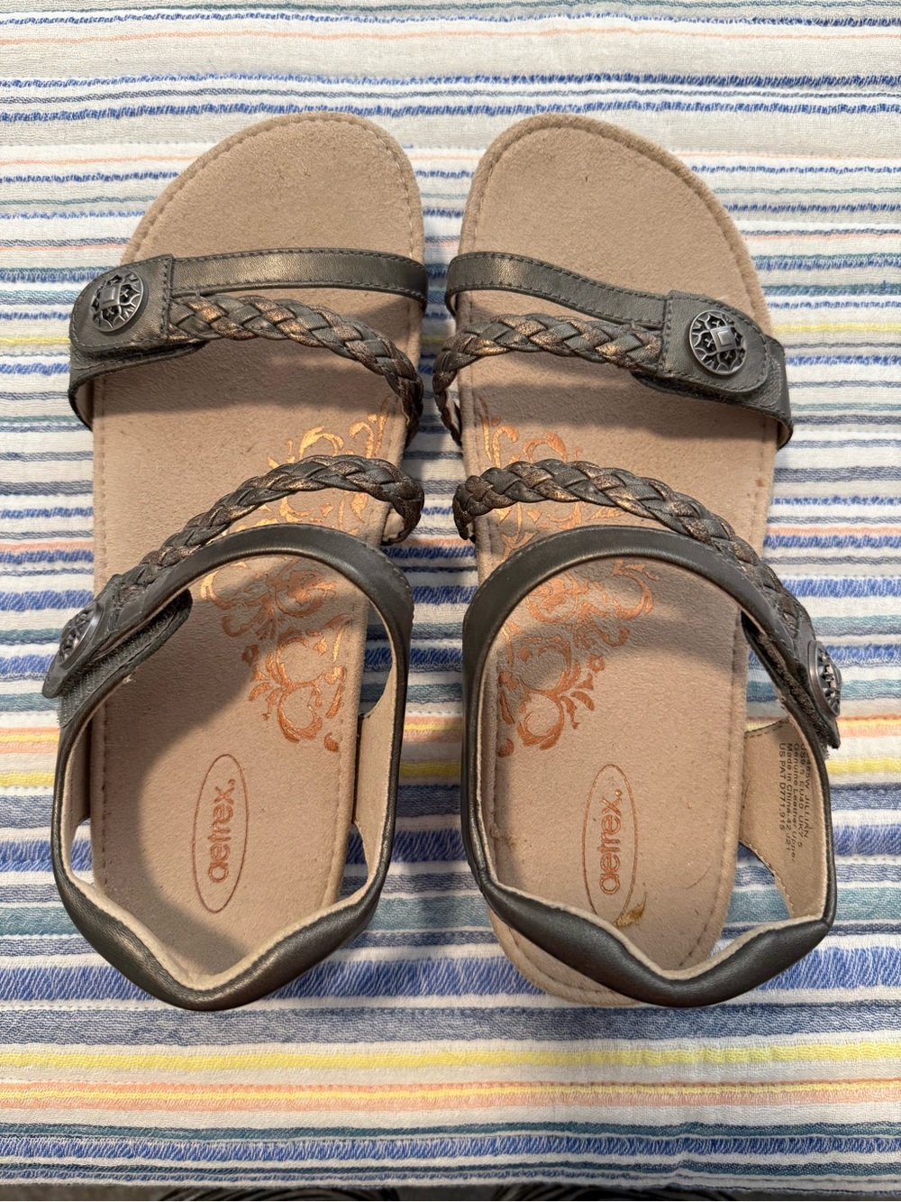 Women’s Aetrex Copper and Gray Braided Strap Sandals, size 9.5.